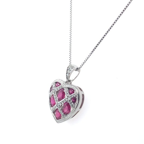 Ruby and Diamond 14KT White Gold Heart Pendant 18" Necklace - Picture 3 of 3